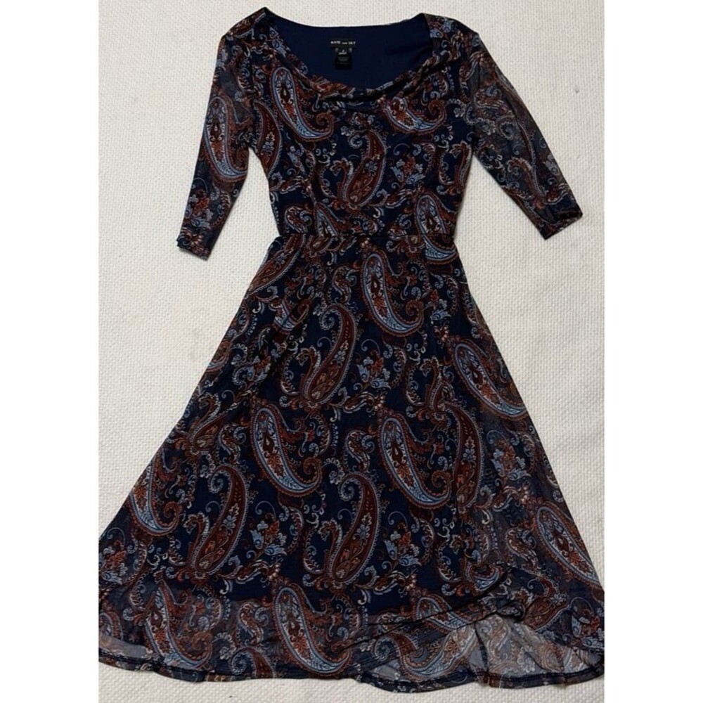 Kate and Lily Paisley Fit & Flare Midi Dress Navy Blue 3/4 Sleeve Size 4